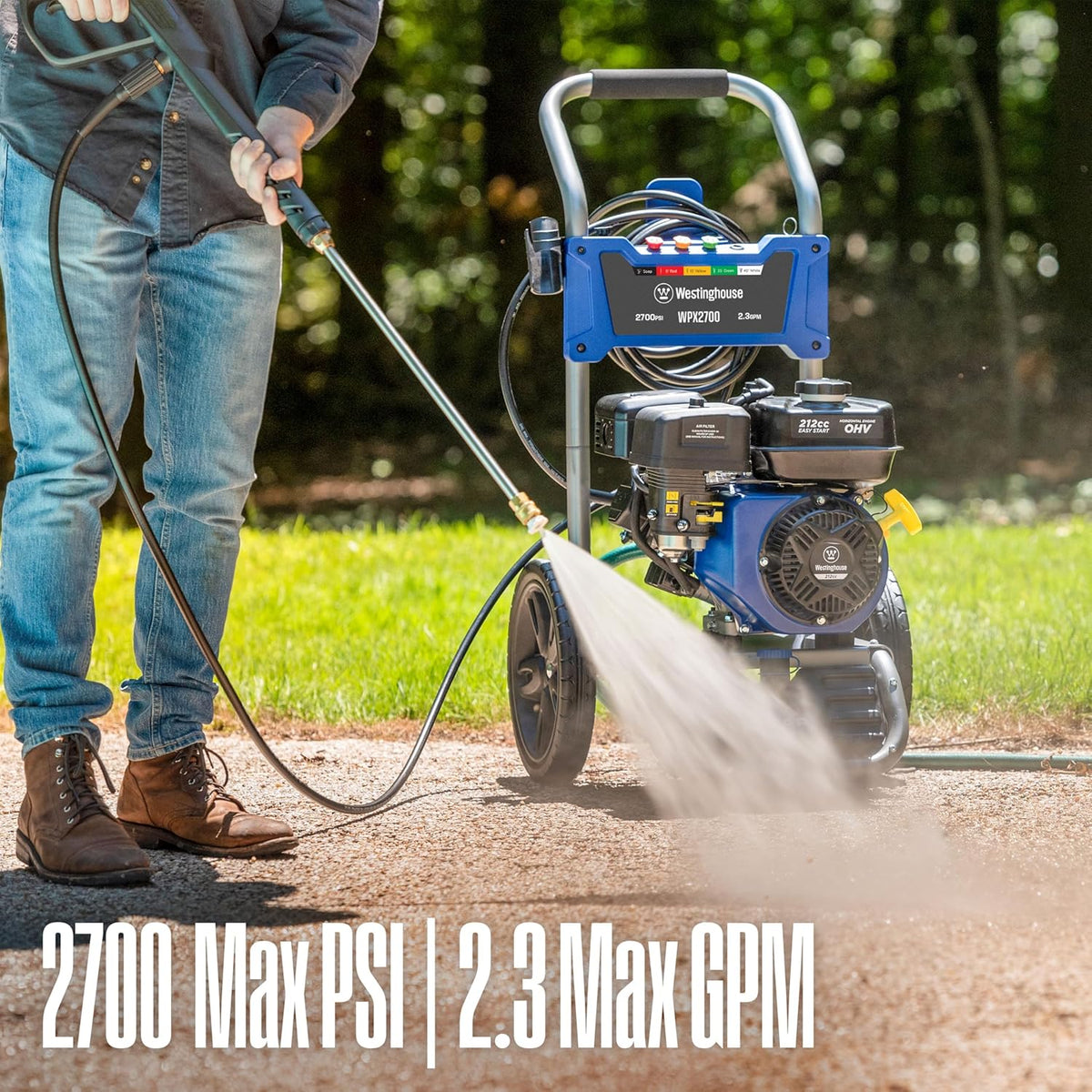 WPX3400 Gas Pressure Washer. 3400 PSI and 2.6 Max GPM. Onboard Soap Tank. Spray Gun and Wand. 5 Nozzle Set. for Cars/Fences/Driveways/Homes/Patios/Furniture