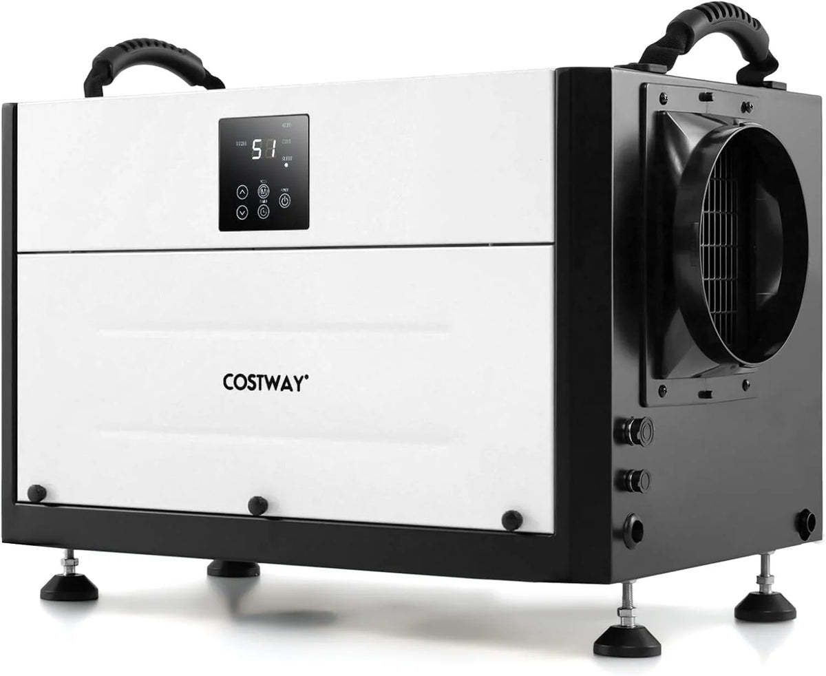 Commercial dehumidifier. suitable for 1300 square feet of basements. warehouses or work sites. equipped with a 9.8-foot drainage pipe and a wired remote control panel. white model.
