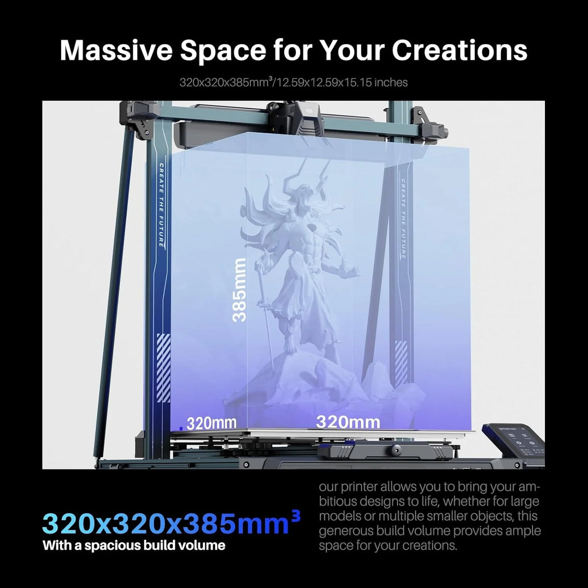 Printer with Auto Bed Leveling. Dual-Gear Direct Extruder. Dual Lead Screw Drive. Removable Capacitive Screen. 8.85x8.85x11in Large Printing Size