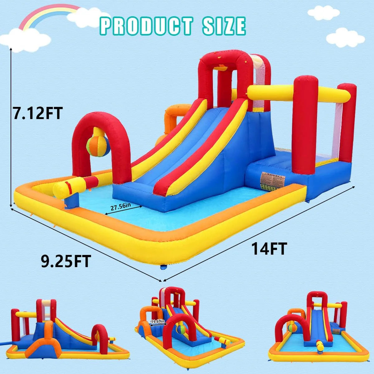 Inflatable Water Slide. 10 in 1 Water Park Bounce House with Blower. Splash Pool. 2 Slides. Water Cannon. Climbing Wall. Blow up Water Slides for Kids Outdoor Backyard