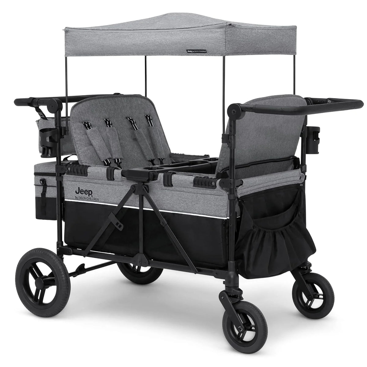 Luxurious 4-seater children's stroller - A high-end 4-seater children's stroller specially designed for 4 children. equipped with convertible seats. adjustable push-pull handles. detachable sunshade. and flat folding device. The color is grey.