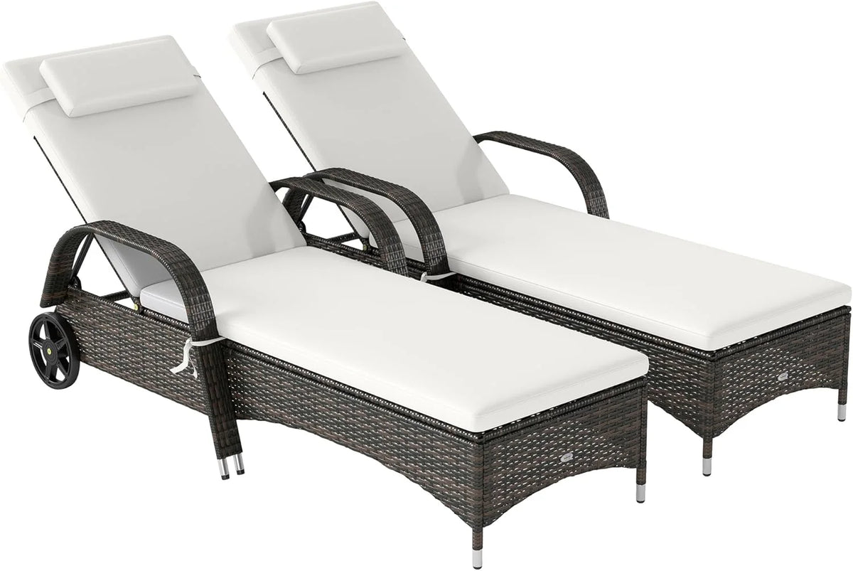 Wicker Outdoor Chaise Lounge. 5-Level Adjustable Backrest PE Rattan Pool Lounge Chair with Wheels. Cushion & Headrest. Brown and Dark Blue