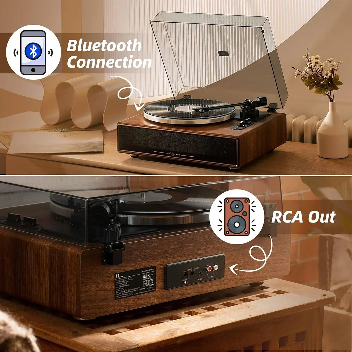 High Fidelity Belt Drive Turntable with Built-in Speakers. Vinyl Record Player with Magnetic Cartridge. Bluetooth Playback and Aux-in Functionality. Auto Off