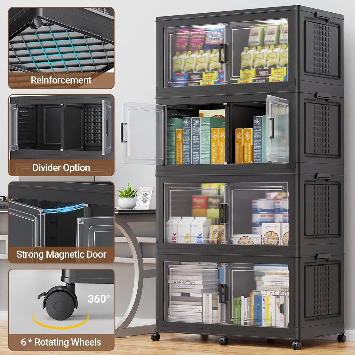 200Gal Extra Large Plastic Storage Bins with Lid & Wheels. Stackable Collapsible Bins with Dividers. Cube Closet Organizers and Storage Cabinet Shelves Box Roomy for Home Kitchen.4Pack White