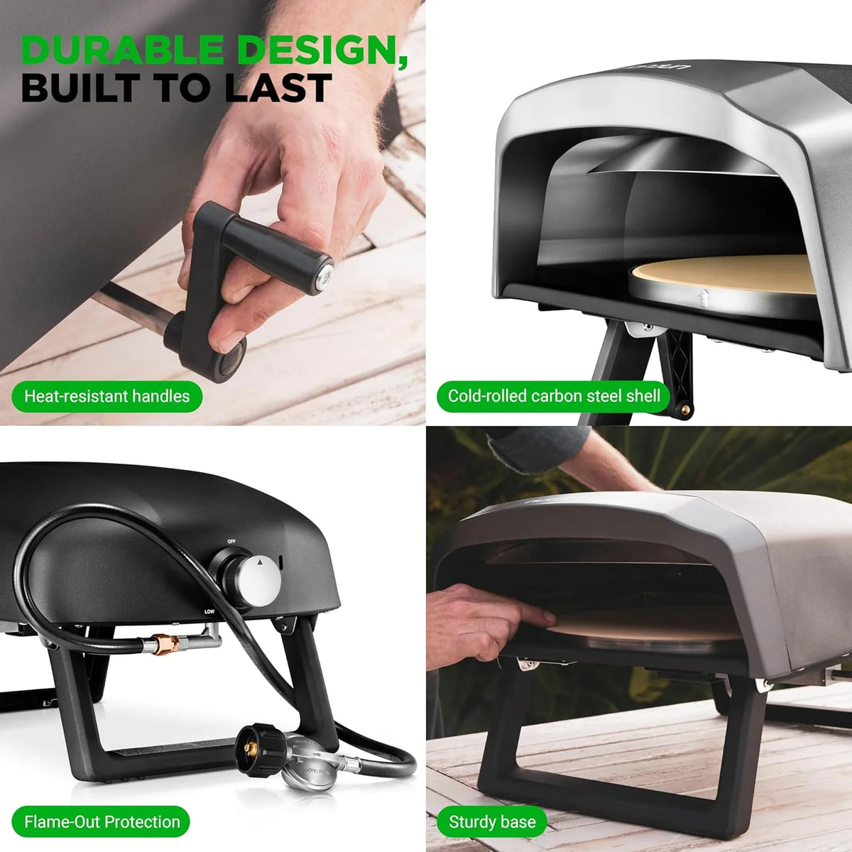 Outdoor pizza oven. equipped with 360-degree rotating pizza stone | Adjustable temperature control | Includes pizza shovel. pizza knife. stone. lid and hose | Can bake a 12-inch pizza in 60 seconds | 32.9 x 16.1 x 12.4 inches