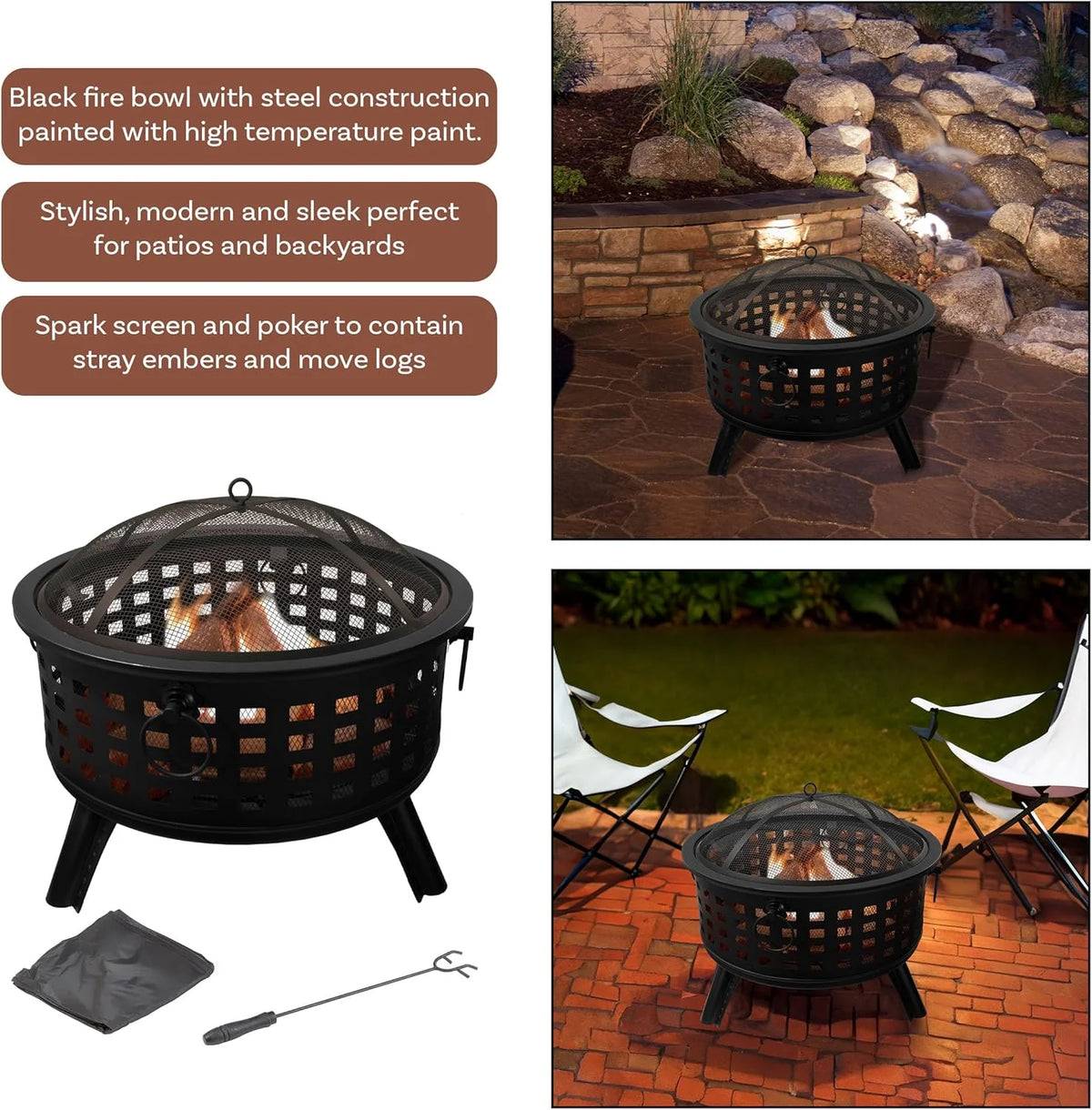 Outdoor Fire Pit - 26-Inch Round Lattice Wood Burning Firepit with Screen. Poker. Grate and Cover - Wood Fire Pits & Outdoor Fireplaces by Pure Garden