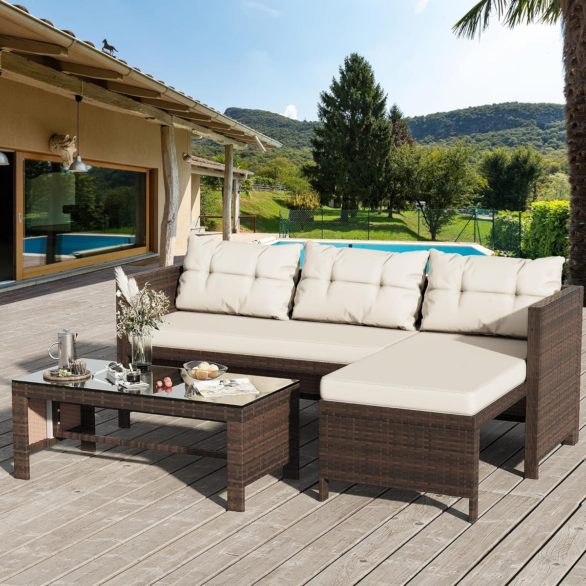 Outdoor Patio Furniture Sets. Wicker Patio sectional Sets 3-Piece. All Weather Wicker Rattan Patio Seating Sofas with Glass Coffee Table and Cushion (Beige)