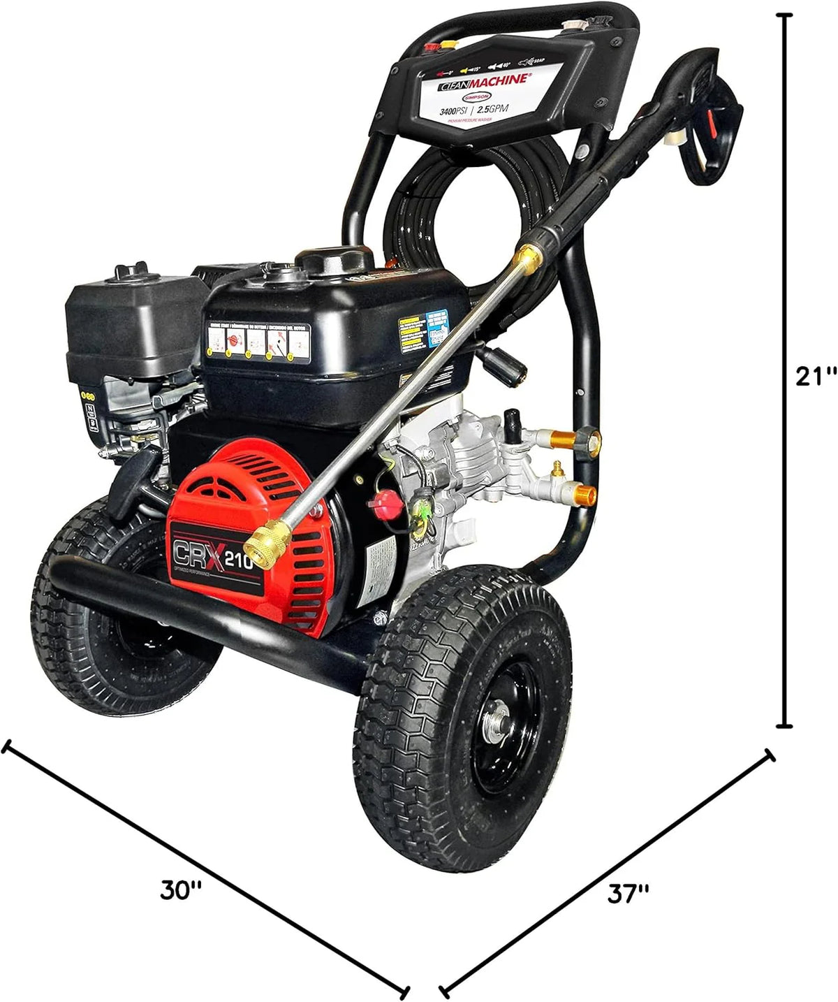 Cleaning CM61083 Clean Machine 3400 PSI Gas Pressure Washer. 2.5 GPM. CRX Engine. Includes Spray Gun and Wand. 4 QC Nozzle Tips. 5/16-in. x 25-ft. MorFlex Hose.