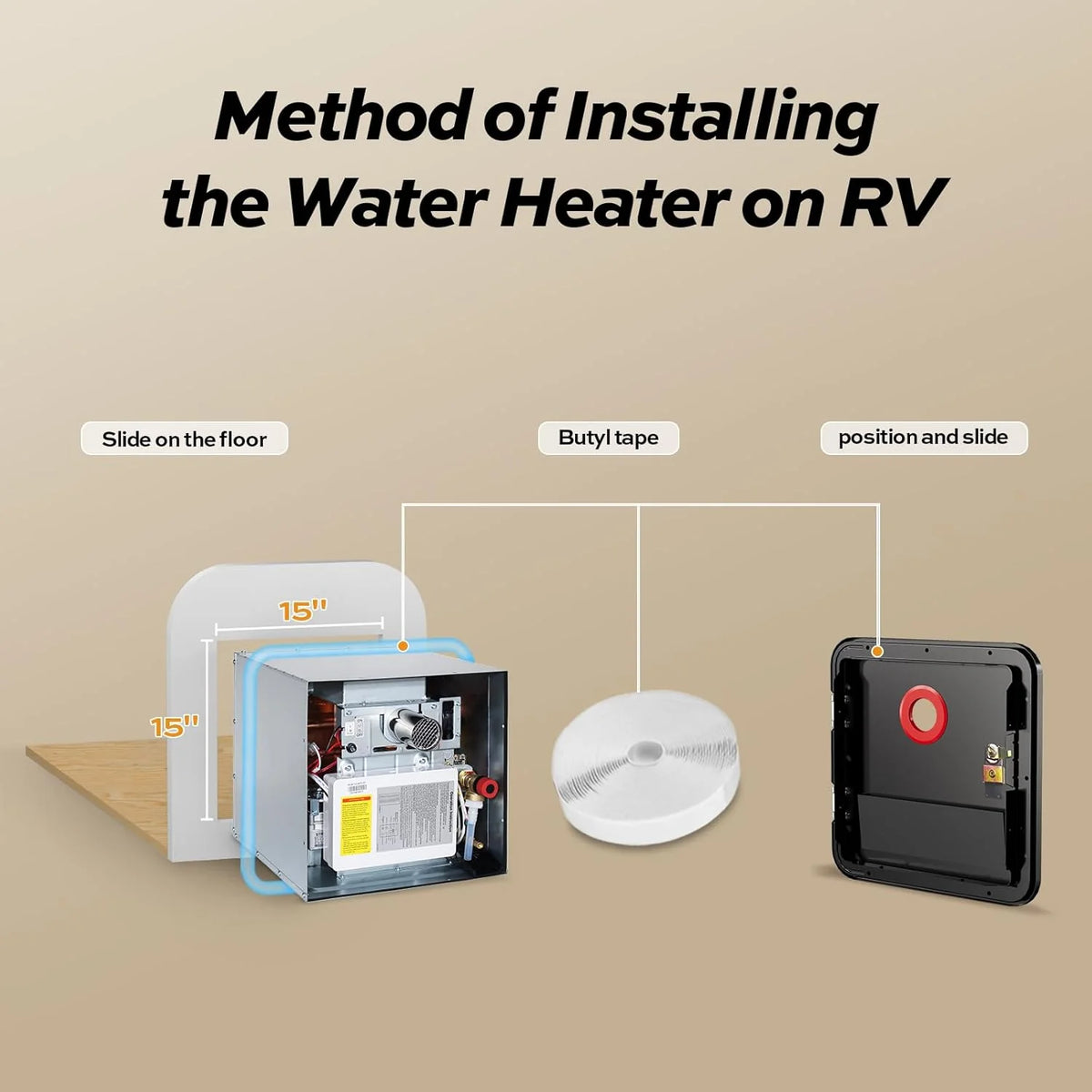 RV Tankless Water Heater without Door. . Propane Gas. DC 12V. 3 Optional Door Sizes 15x15. 15x18 and 18x18 for Refitment. Compatible with All RVs. Sufficient Power. High Altitude