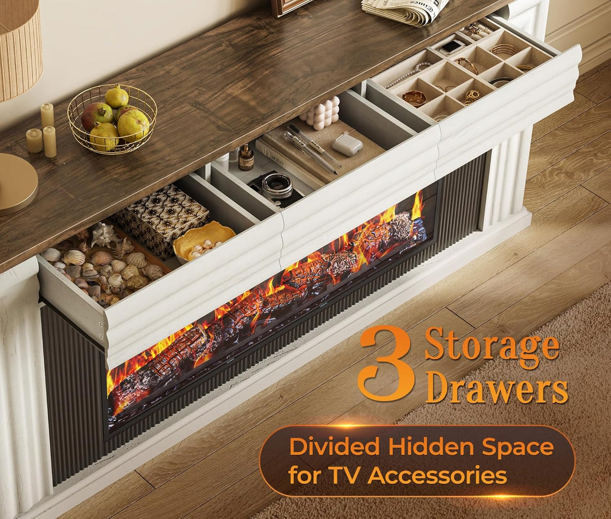 75-inch wall-mounted TV cabinet. rustic modern entertainment center with fireplace. 70-inch media cabinet with 3 drawers. featuring a recessed design. suitable for the living room. black version