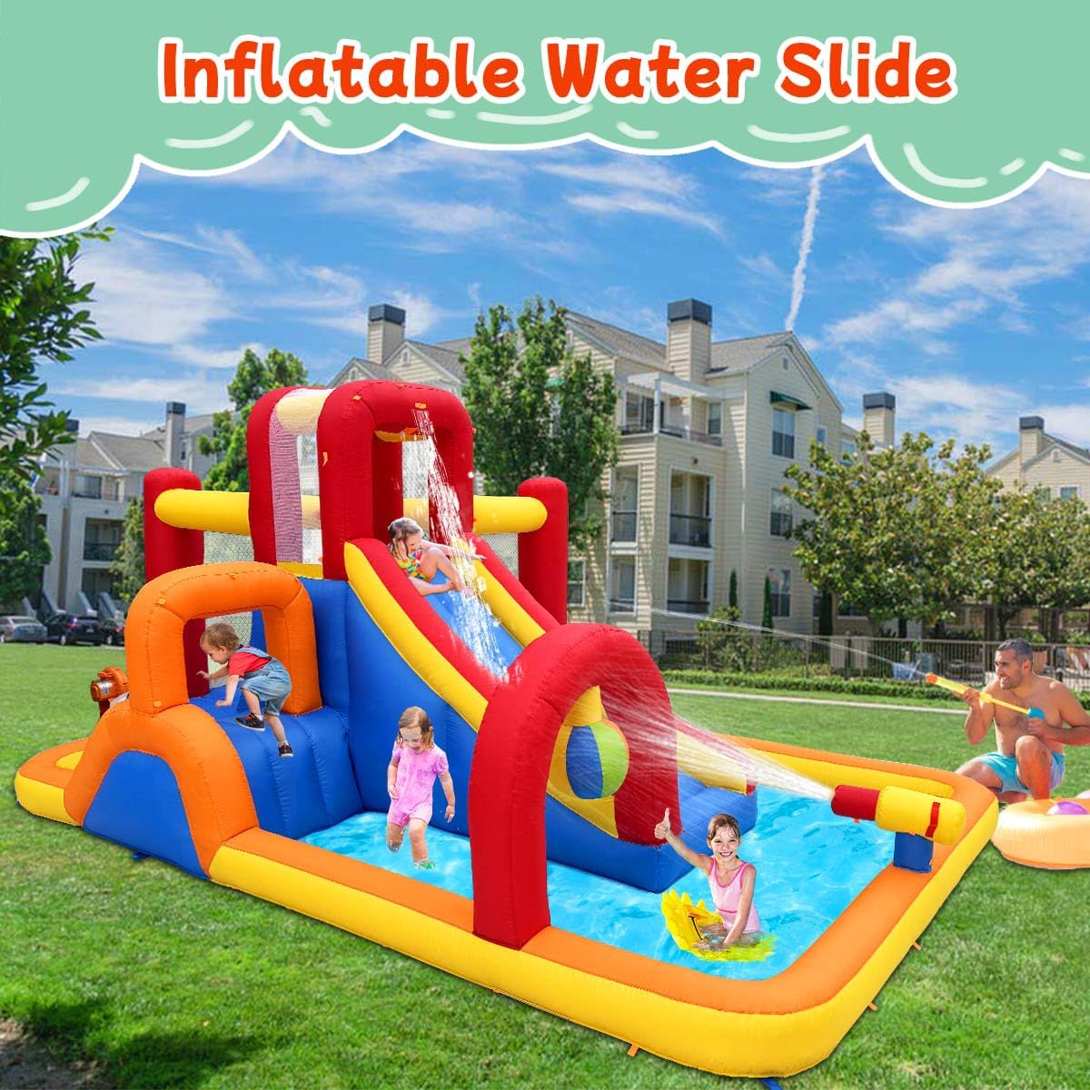 Inflatable Water Slide. 10 in 1 Water Park Bounce House with Blower. Splash Pool. 2 Slides. Water Cannon. Climbing Wall. Blow up Water Slides for Kids Outdoor Backyard