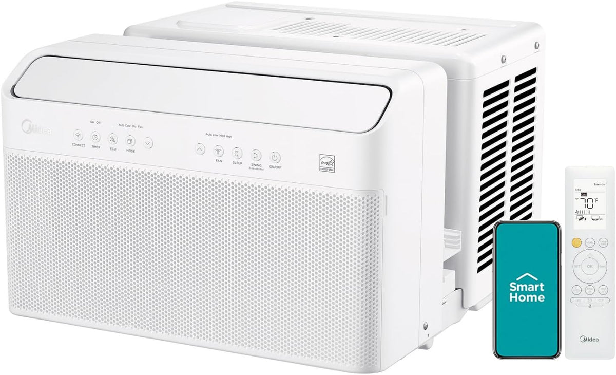 8.000 BTU U Shaped Smart Inverter Window Air Conditioner. Cools up to 350 Sq. Ft.. Ultra Quiet with Open Window Flexibility. Works with Alexa/Google Assistant. 35% Energy Savings. Remote Control