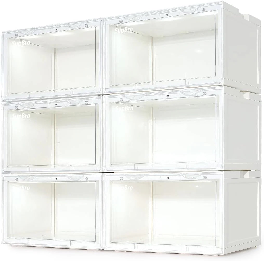 Lightning Collection Storage Box - Voice Control - Easy Access Storage Shoe Box. Stackable Shoe Storage Box. Equipped with Transparent Plastic Door. Suitable for Sports Shoes (11.2 x 14.9 x 8.8 inches (6 sets). White)