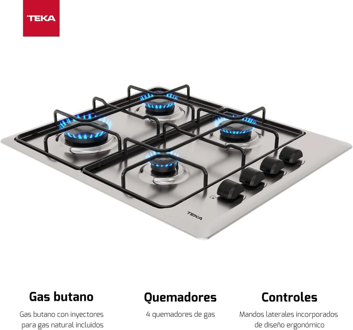 TEKA Placa de Gas Butano. 60 cm. 4 Fuegos. Mandos Ergonómicos. Seguridad Termopar. Parrillas Esmaltadas. HLX 640 KL