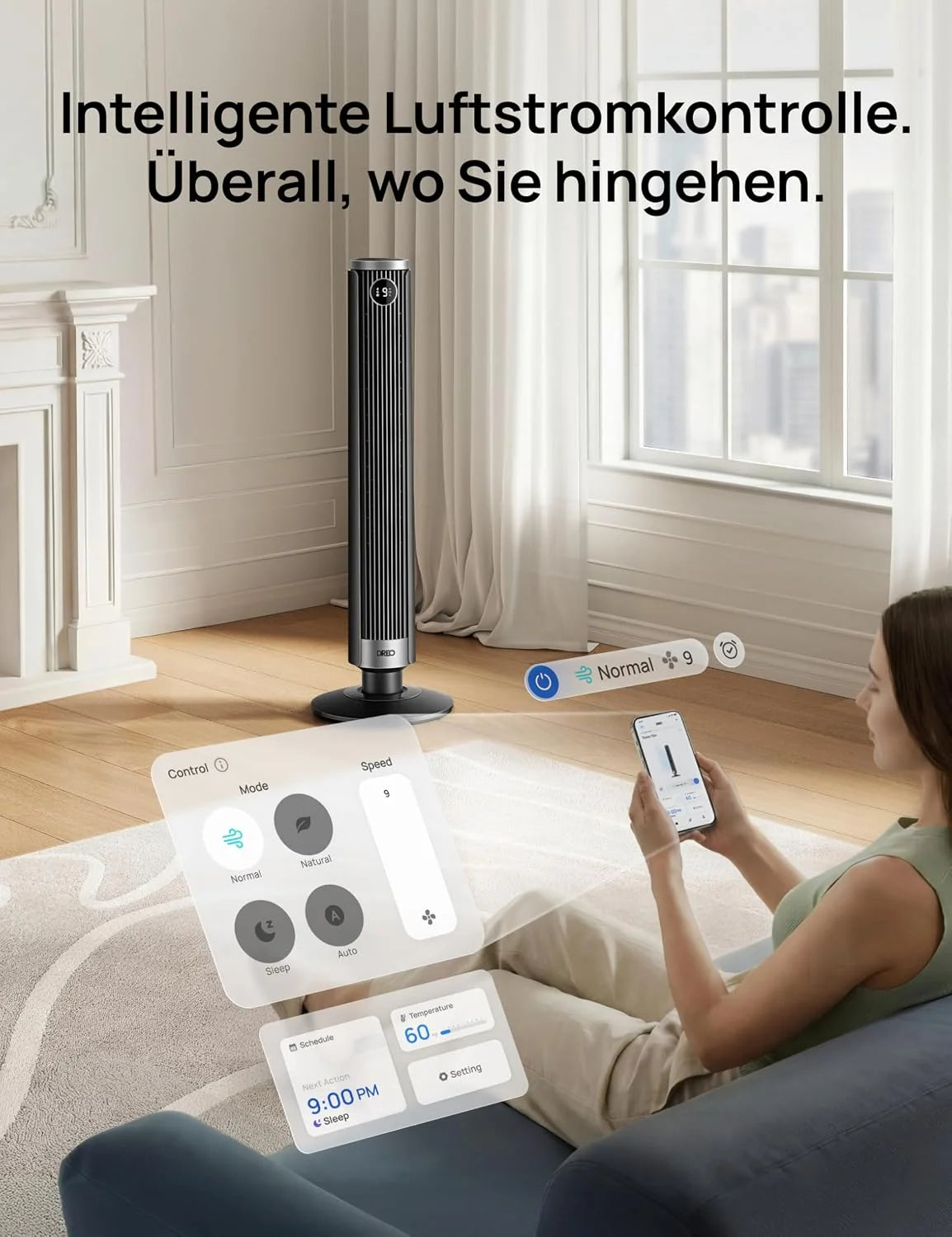 DREO Smart 102–114cm Turmventilator fürs Schlafzimmer. Höhenverstellbar. 8.4m/s. DC-Motor. 9 Stufen. 4 Modi. 90°-Oszillation. Standventilator. 20dB