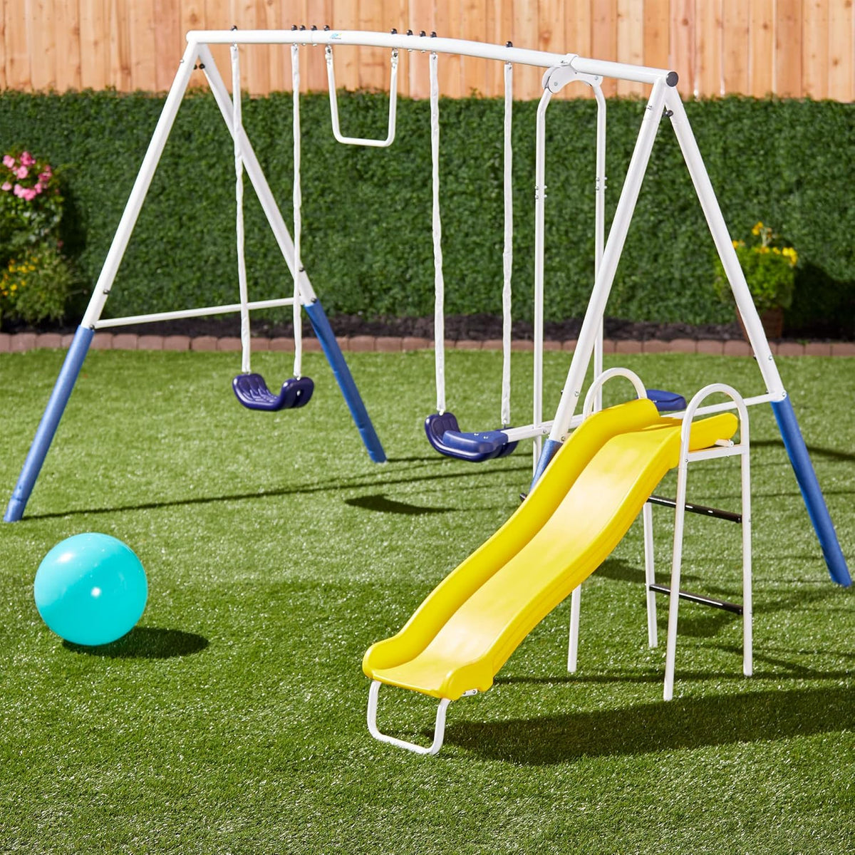 Recreation Blue Ridge Backyard Playground Set Sturdy Metal A Frame Swing with Chain Covers. Glider. Trapeze. 2 Swings. and Slide. Multicolor