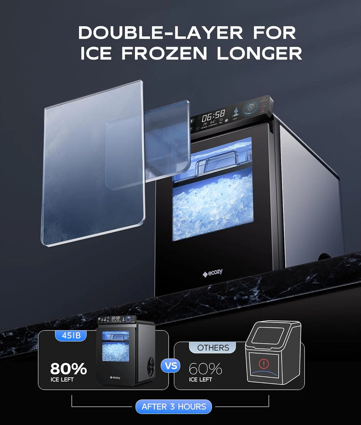 Nugget Ice Maker Countertop. Smart Pebble Ice Machine with APP Control. 44 lbs/24H Soft Pellet Chewable Ice with Self-Cleaning. Stainless Steel