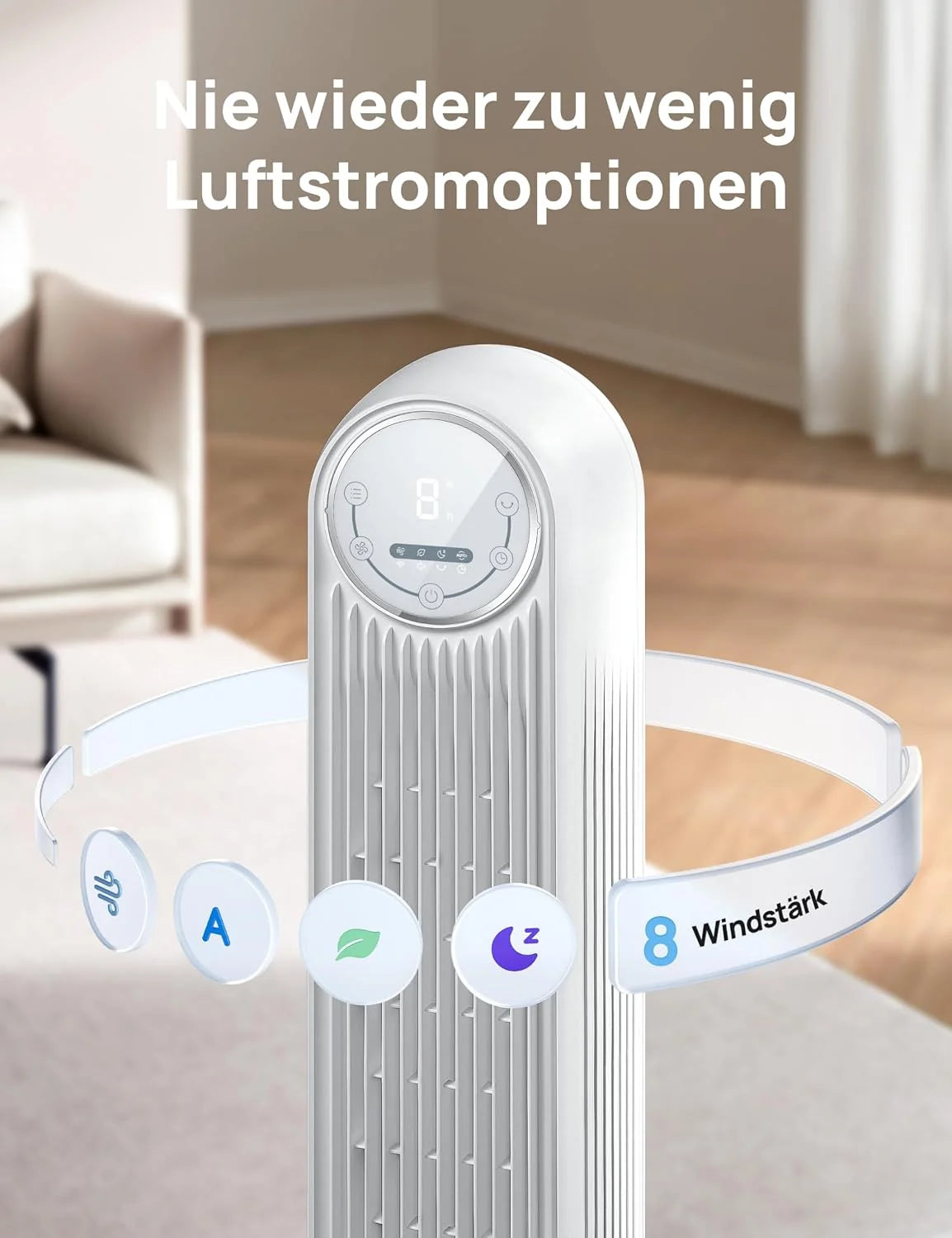 Dreo Smart 20dB Leiser Turmventilator. 10 m Wurfweite 4 Geschwindigstufen 4 Modi 8 Std. Timer 90° oszillierende Ventilator mit Kühlung WLAN &