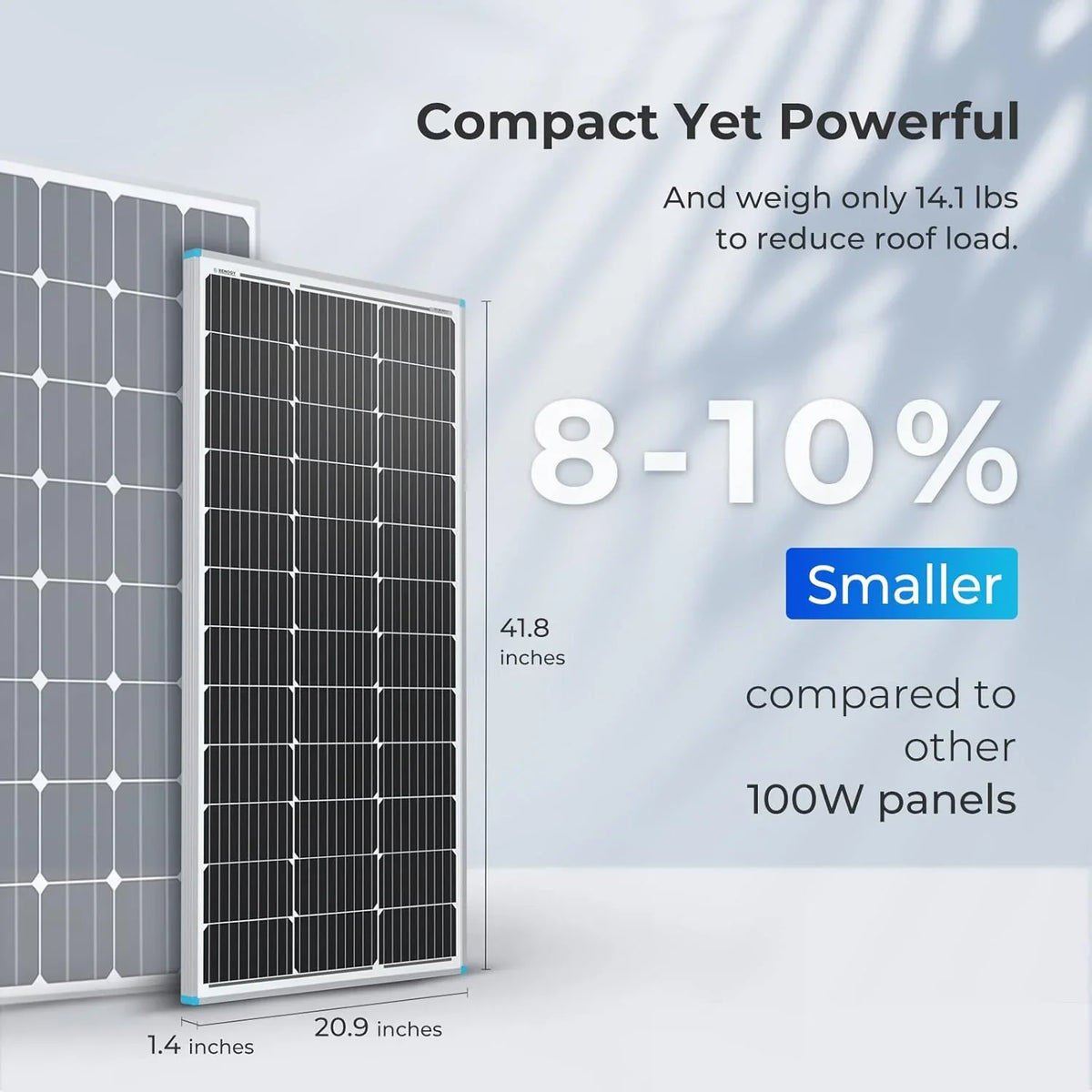 Solar Panel 100 Watt 12 Volt. High-Efficiency Monocrystalline PV Module Power Charger for RV Marine Rooftop Farm Battery and Other Off-Grid Applications. RNG-100D-SS. Single 100W