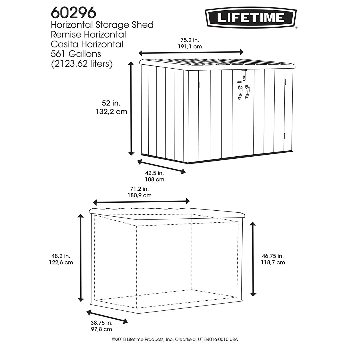 2026 Lifetime Caseta de almacenamiento horizontal 1.9 x 1.1 m – Capacidad 2.407 L
