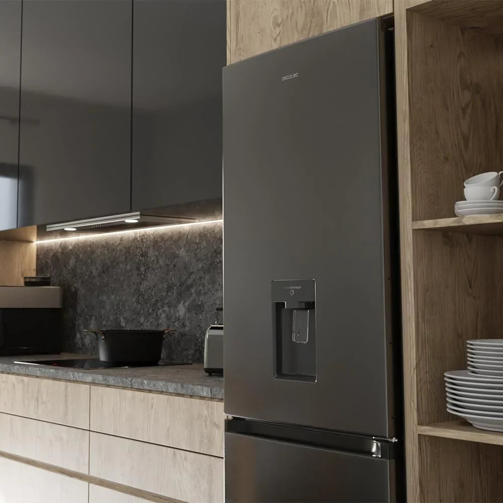 Cecotec Frigorífico Combi 2 Puertas con dispensador de agua Bolero CoolMarket Combi 296 DF WD Dark E. 296L. 60cm de ancho. Funciones FastCooling.