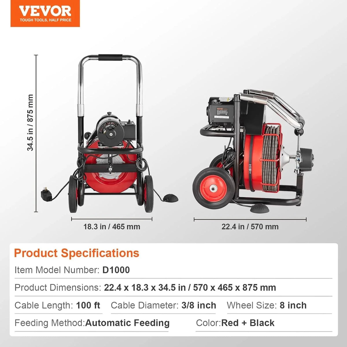 550W Drain Cleaning Machine. 100-Ft. x 1/2-Inch Sewer Snake Auger with 8 Cutters. Wheels and Foot Switch. for 2-4-Inch Pipes