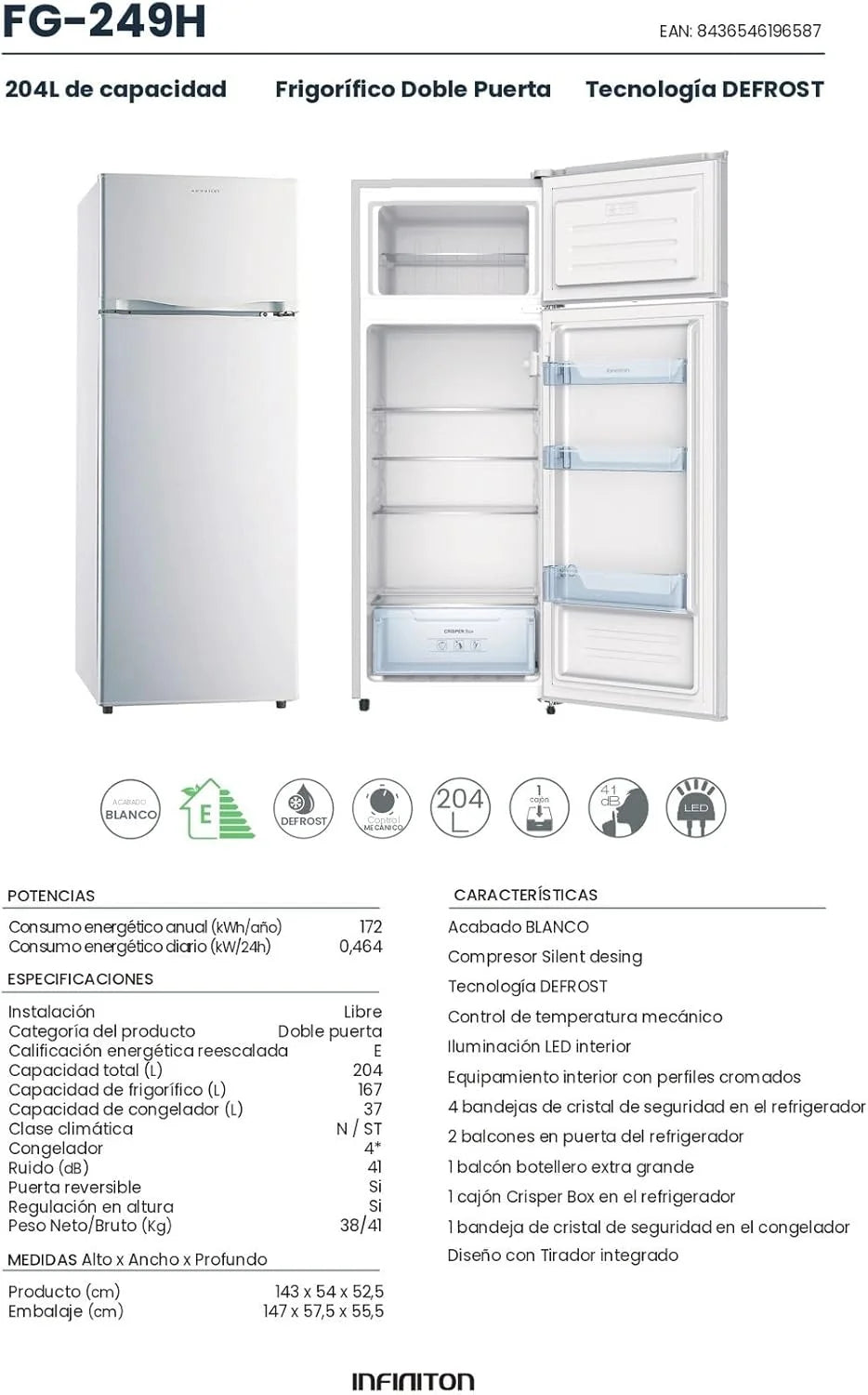 INFINITON Frigorifico Dos Puertas FG-A145B. 200 Litros. 143 cm de Altura. Defrost. LED Interior. E. Diseño con Tirador Integrado. Ancho 55 cm.