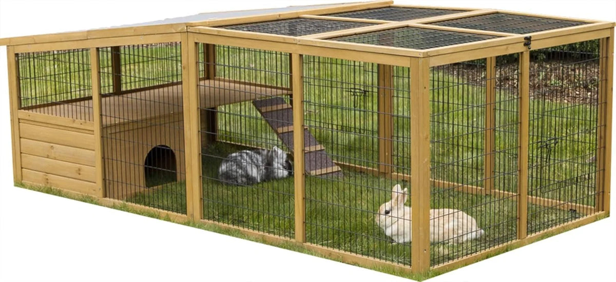 Kerbl Freigehege mit Ausbruchsperre (Gitterabstand 2.5 cm. überdachter Auslauf. mit Kunststoffdach. inkl. Kleintierhaus + Aussichtsplattform) 81708