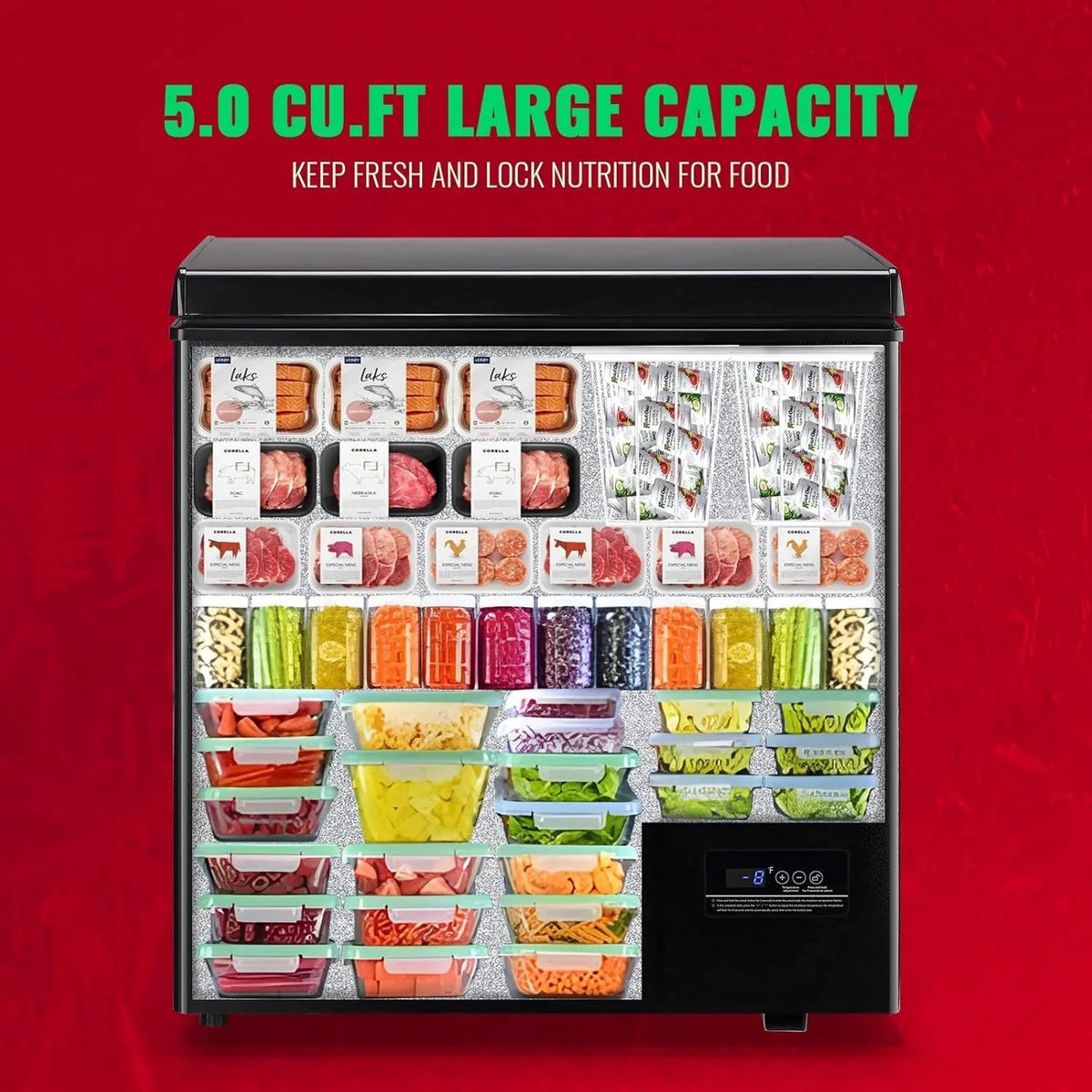 5.0 Cu. Ft. Chest Freezer with 2 Removable Stainless Steel Baskets. Electronic Control. 41°F to -15°F. Black