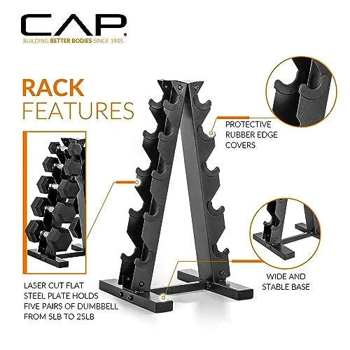 150 LB Coated Hex Dumbbell Weight Set with Vertical Rack. Black