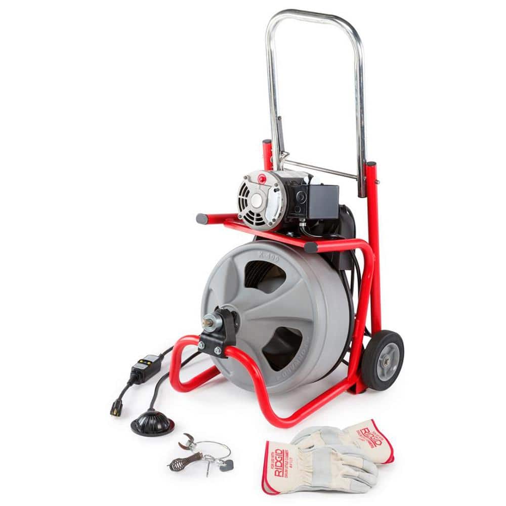 120V Drum Drain Cleaning Snake Auger with 3/8-In. x 75-Ft. Cable. 4-Piece Tool Set and Gloves