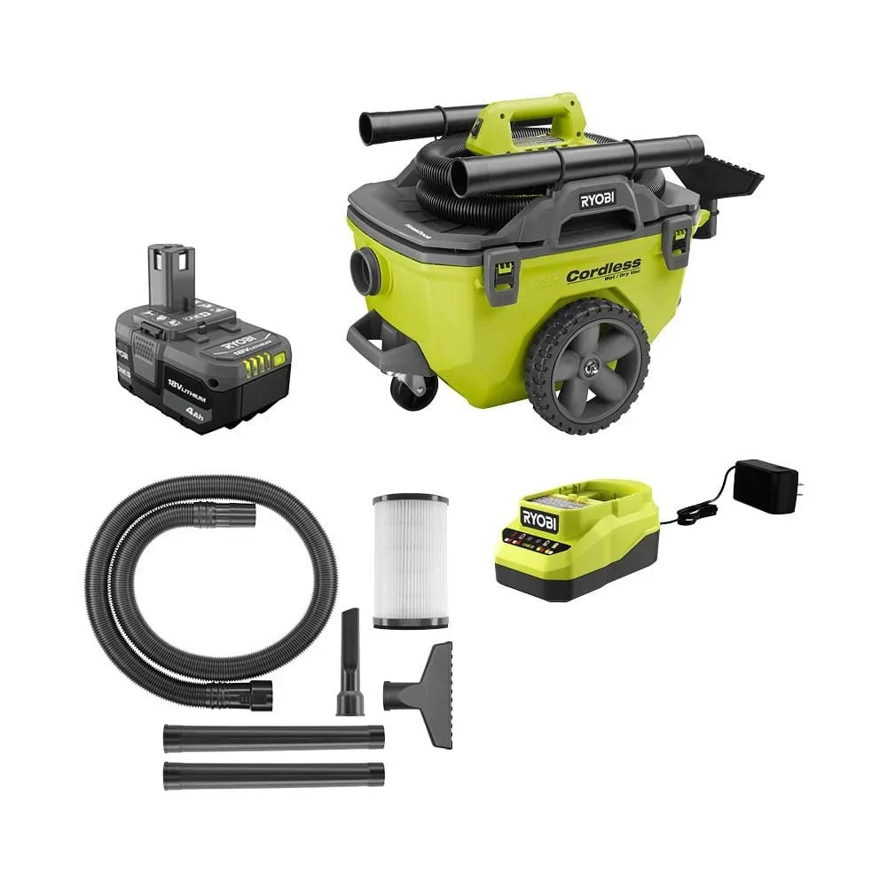 18V Cordless 6-Gallon Wet/Dry Vacuum Kit with 4.0Ah Battery. Charger and Accessories