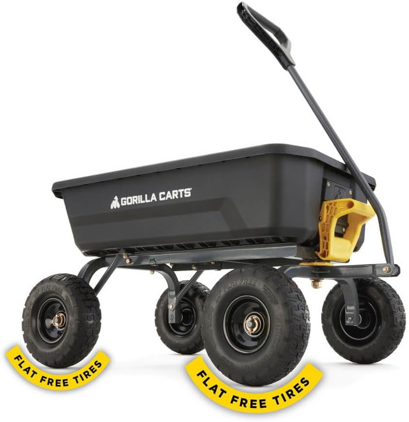 7-Cubic-Foot Poly Dump Garden Cart with No-Flat Tires. 1.200-Lb. Capacity. Black