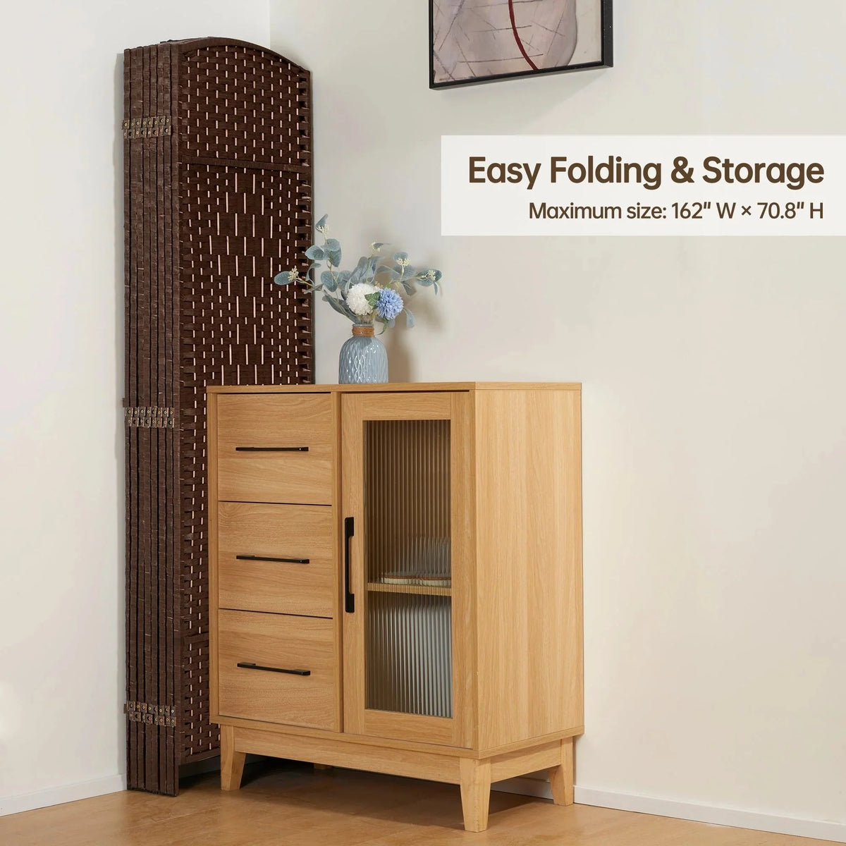 6 FT Tall Woven Fiber Room Divider. Freestanding Folding Privacy Screen