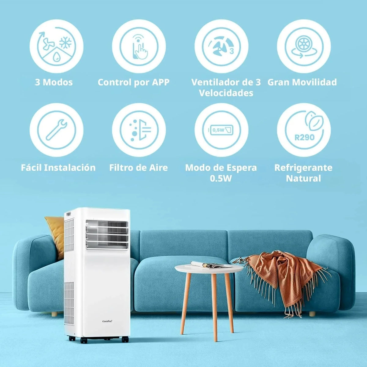 COMFEE Pingüino Aire Acondicionado Portátil 9000 BTU/2300 Frigorías Breezy Cool Pro – Climatizador sin unidad exterior. Bajo Consumo. App Control y