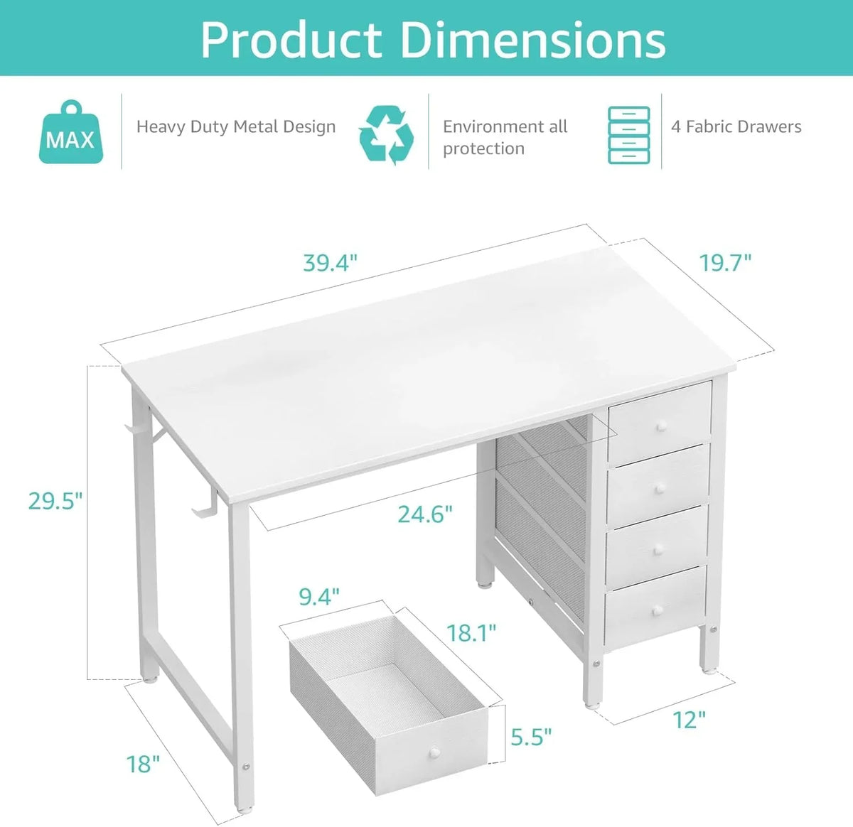 40 Inch Small White Desk with Fabric Drawers. Compact Computer Writing Desk for Home Office. Bedroom and Study