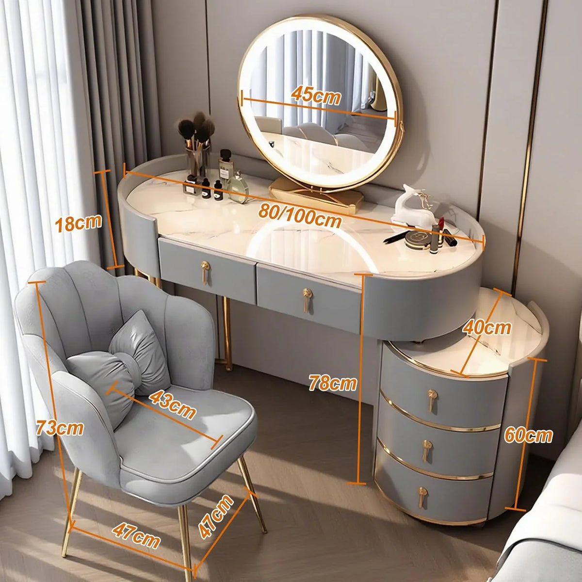 Weiß Große Schminktisch. Kosmetiktisch mit 3 Farbmodi Beleuchtung Spiegel und Hocker. Schminktische Make Up Tisch. 5 Schubladen Frisierkommode. Sich