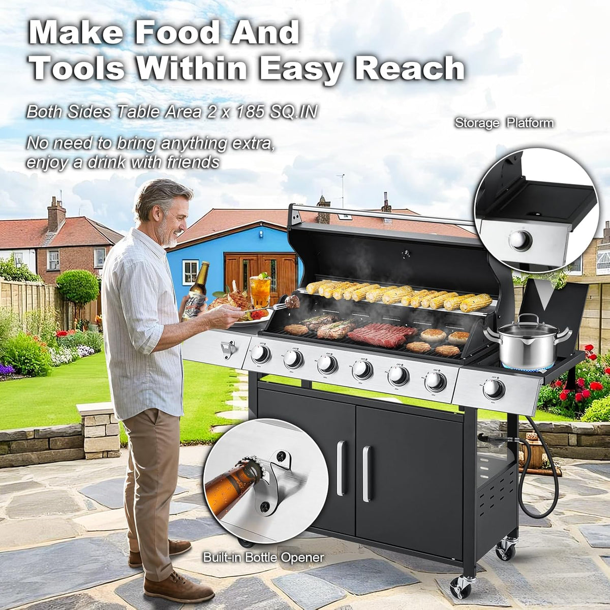 4-Burner Propane Gas Grill with Cast Iron Grates. Side Stove and 44.000 BTU Stainless Steel Burners