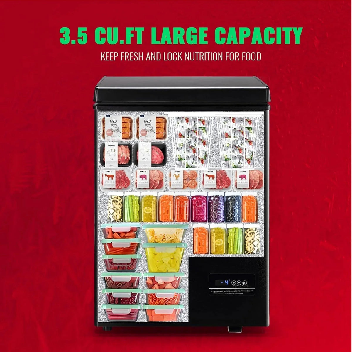 5.0 Cu. Ft. Chest Freezer with 2 Removable Stainless Steel Baskets. Electronic Control. 41°F to -15°F. Black
