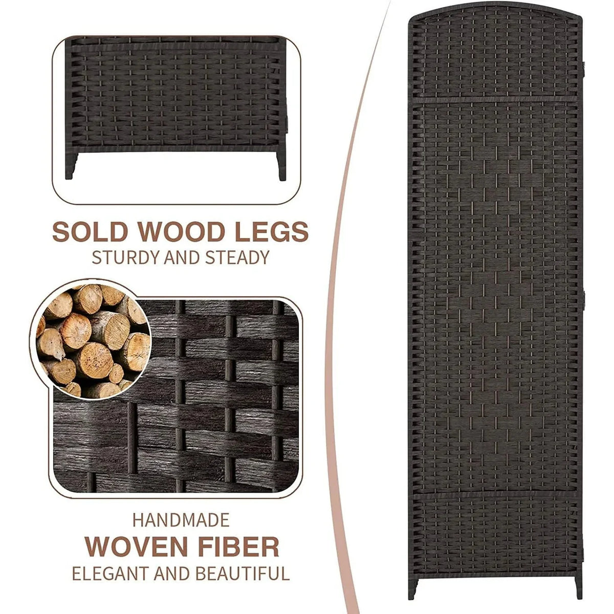 6 FT Tall Woven Fiber Room Divider. Freestanding Folding Privacy Screen