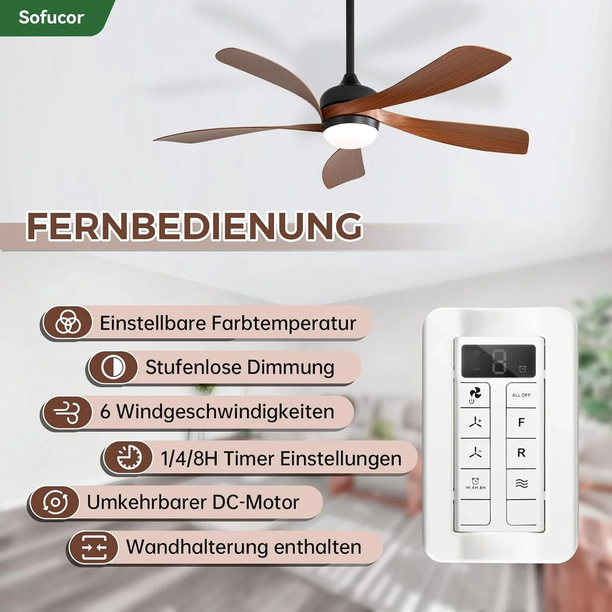 Sofucor Smart Deckenventilator mit Beleuchtung.132cm Deckenventilator mit Licht. Kompatibel mit Alexa/APP. Fernbedienung. 3 Farbtemperatur. Timer. 6