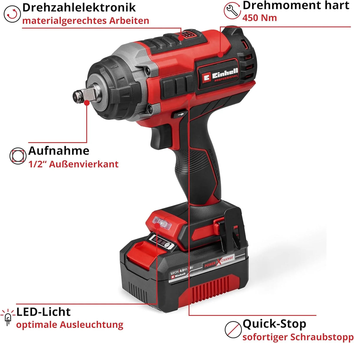 Einhell Professional Akku-Schlagschrauber IMPAXXO 18/450 (1x4.0Ah) Power X-Change (18 V. 450 Nm. Brushless. Außenvierkant-Aufnahme. inkl. 4 Ah Akku.