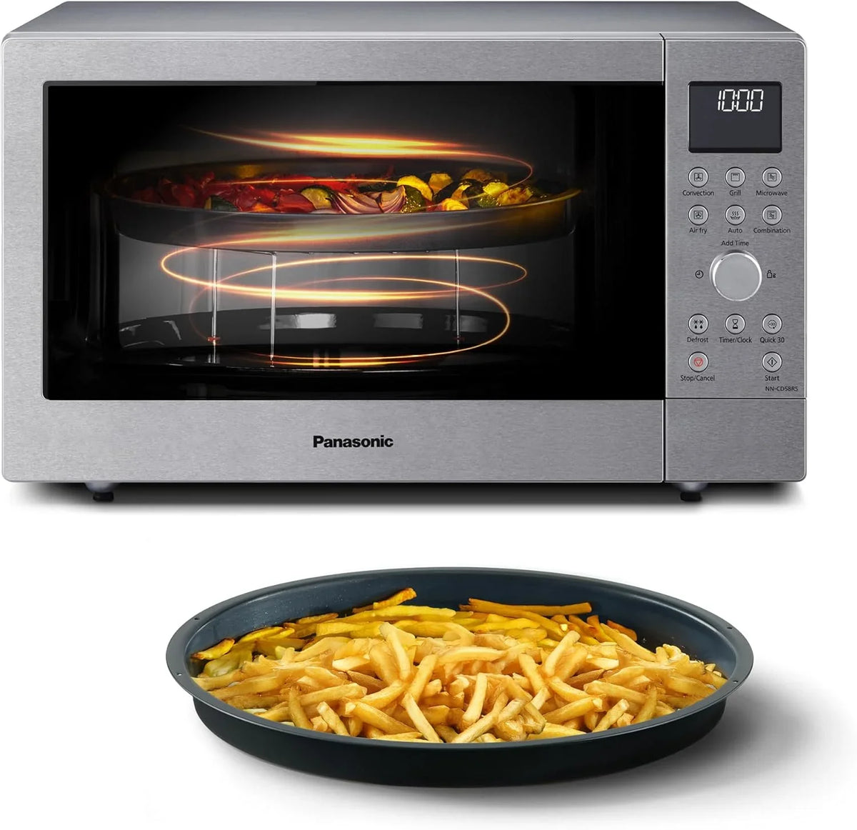 Panasonic NN-CD58RSEPG 27L 4-in-1 Kombi-Mikrowelle mit Airfryer Modus und Garkorb. 1000W Inverter. 1300W Grill. Umluft. 19 Automatikprogramme.