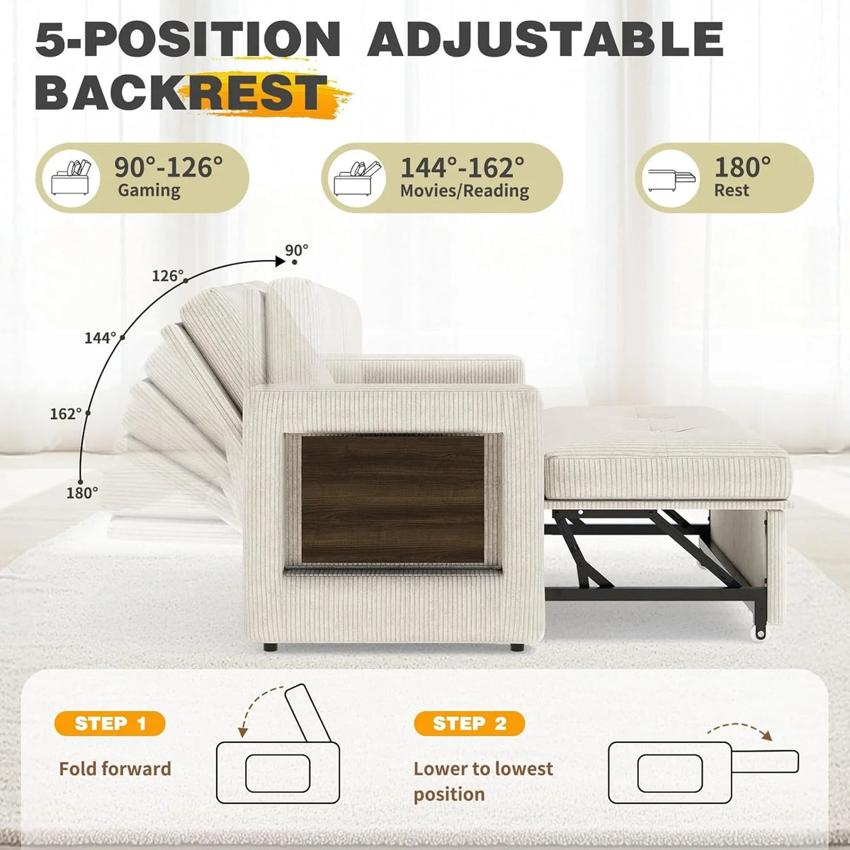 YOUDENOVA Sofá Cama 3 en 1. Sillón Cama multifunción. Sofá reclinable con Respaldo Regulable en 5 Posiciones. Sofá Cama para 2 Personas con Mesa y