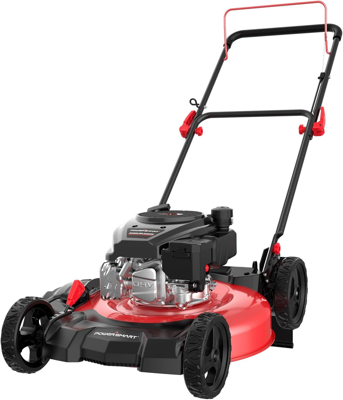 21-inch gas-powered lawn mower. equipped with a 144cc four-stroke all-terrain engine. featuring both crushing and side-discharge functions. with adjustable cutting height ranging from 6 positions.