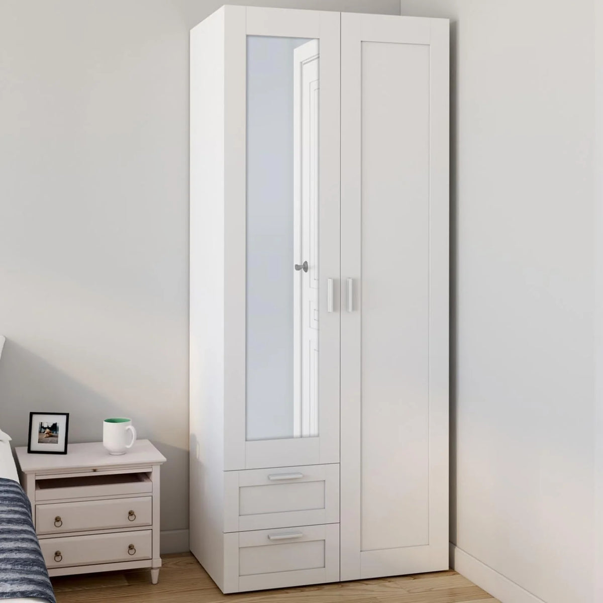 IDMarket - VITO 2-door wardrobe white 80 cm with 2 drawers. mirror and shelves