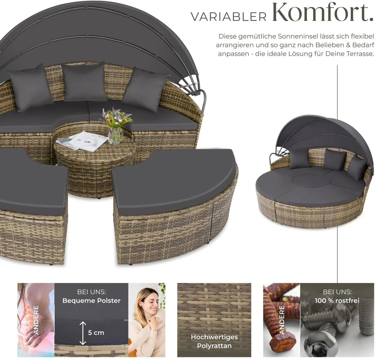 tectake Lounge Muschel Sonneninsel Outdoor wetterfest. Gartenmuschel. Sonnenliege 2 Personen und mehr. multifunktionales Terrasse oder Balkon Möbel.