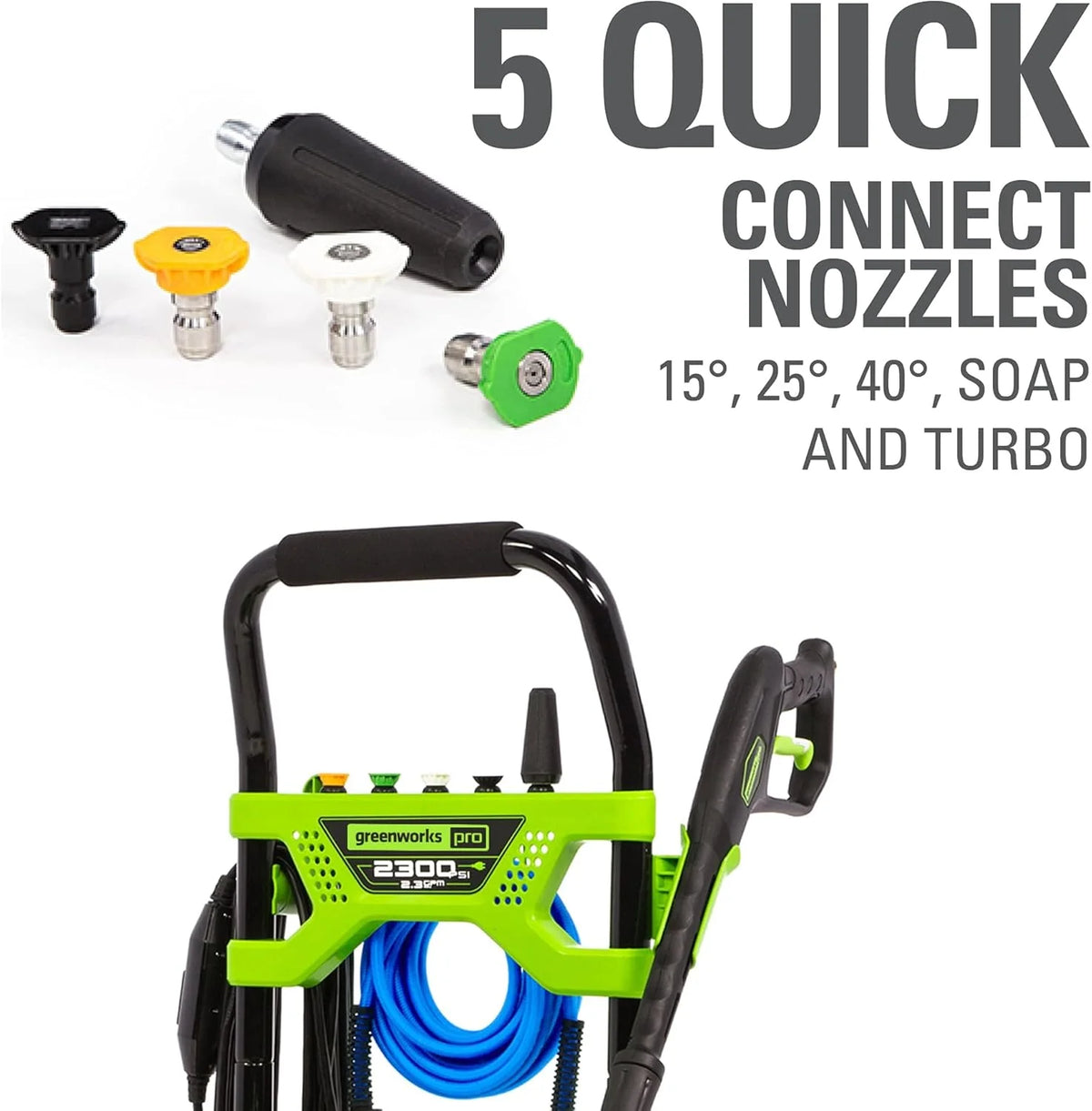 2300 pounds/square inch true brushless electric high-pressure cleaning machine (2.3 gallons/minute). 25 feet hose. quick-connect nozzle. 15°. 24°. 40° soap nozzles and turbine nozzle