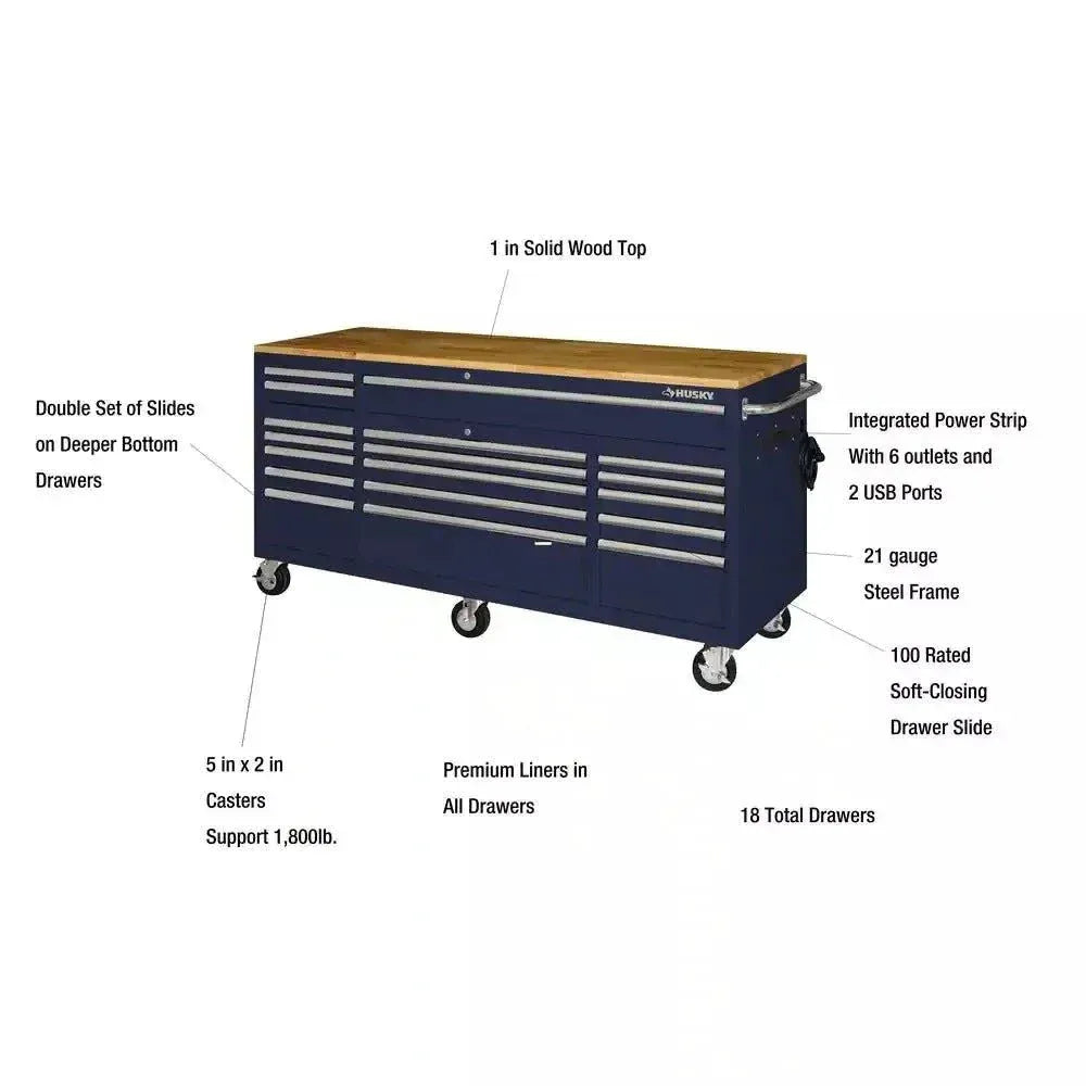 72-Inch 18-Drawer Mobile Workbench with Solid Wood Top. Gloss Blue