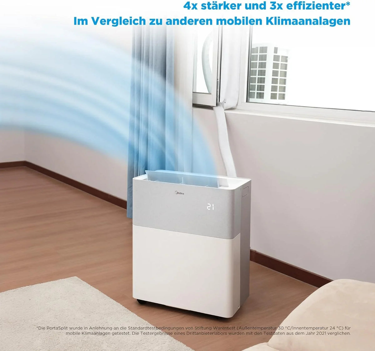Midea Portasplit Klimaanlage. Mobile Wärmepumpe. Kühlen A++/Heizen A+. 12000 BTU 3. 5kW. für Räume bis zu 42 m² / 105 m³. nur 39 dB(A) im Silent-Modus